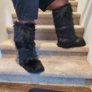 🆕Women Black Faux Fur Fluffy Cosy Round Toe Knee High Warm Outdoor Fur Boot